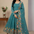 Fancy Teal Blue Crunchy Silk Embroidered Anarkali Suit with Floral Dupatta