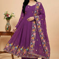 Perfect Purple Crunchy Silk Embroidered Anarkali Suit with Floral Dupatta