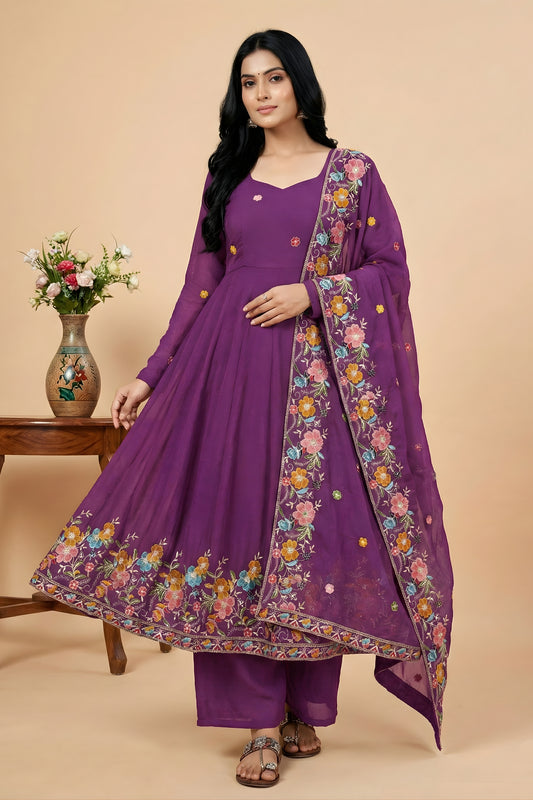 Perfect Purple Crunchy Silk Embroidered Anarkali Suit with Floral Dupatta