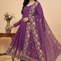 Perfect Purple Crunchy Silk Embroidered Anarkali Suit with Floral Dupatta