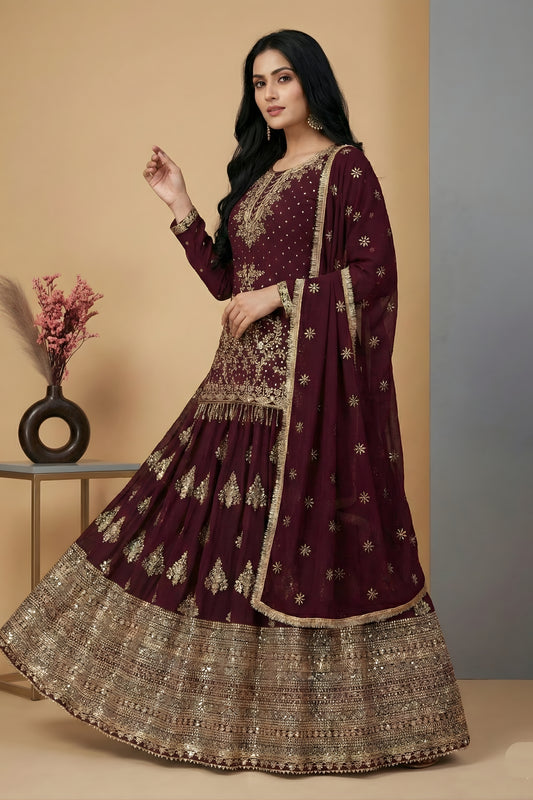 Stylish Maroon Chinon Silk Embroidered Wedding Lehenga Choli with Dupatta