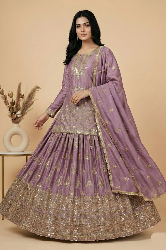 Lovely Lavender Chinon Silk Embroidered Wedding Lehenga Choli with Dupatta
