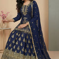Royal Navy Blue Chinon Silk Embroidered Wedding Lehenga Choli with Dupatta