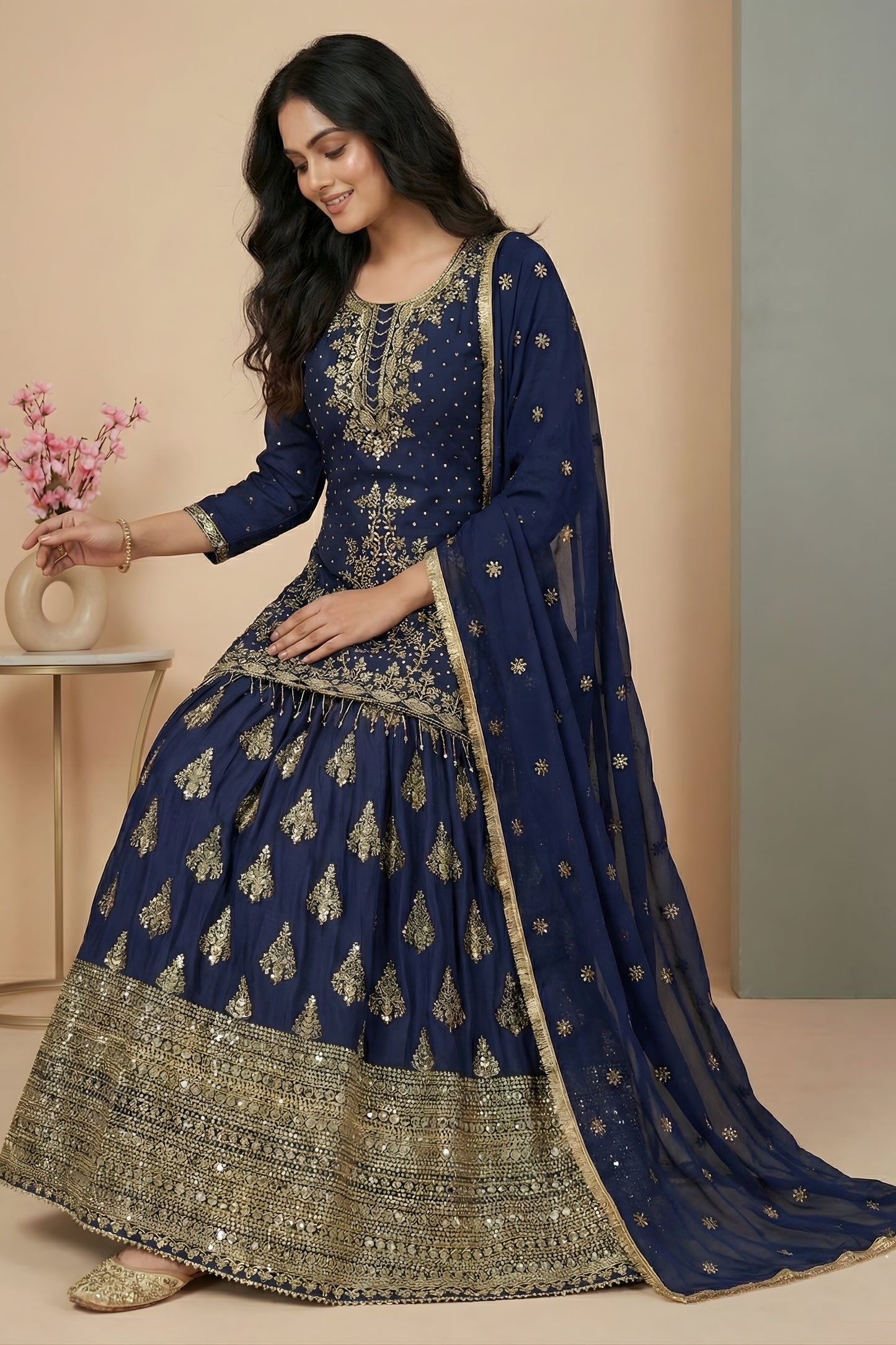 Royal Navy Blue Chinon Silk Embroidered Wedding Lehenga Choli with Dupatta