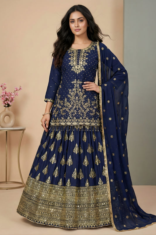 Royal Navy Blue Chinon Silk Embroidered Wedding Lehenga Choli with Dupatta