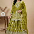 Designer Olive Green Chinon Silk Embroidered Lehenga Choli with Dupatta