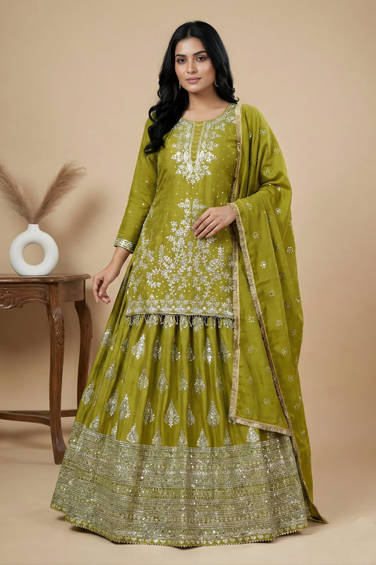 Designer Olive Green Chinon Silk Embroidered Lehenga Choli with Dupatta