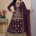 Wonderful Wine Chinon Silk Embroidered Wedding Lehenga Choli with Dupatta