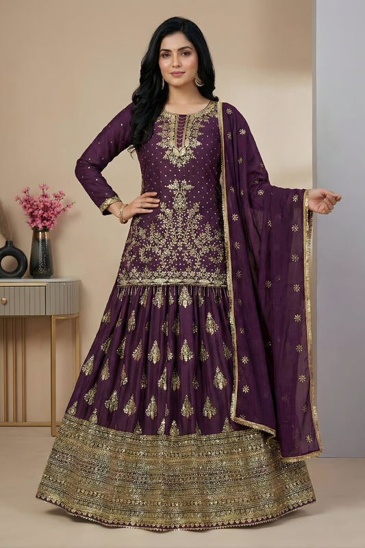 Wonderful Wine Chinon Silk Embroidered Wedding Lehenga Choli with Dupatta
