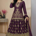 Wonderful Wine Chinon Silk Embroidered Wedding Lehenga Choli with Dupatta