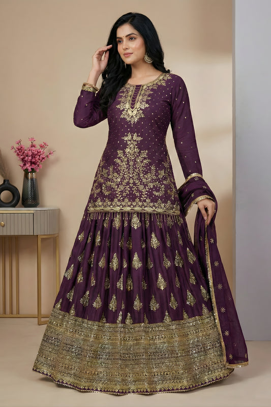 Wonderful Wine Chinon Silk Embroidered Wedding Lehenga Choli with Dupatta