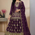 Wonderful Wine Chinon Silk Embroidered Wedding Lehenga Choli with Dupatta