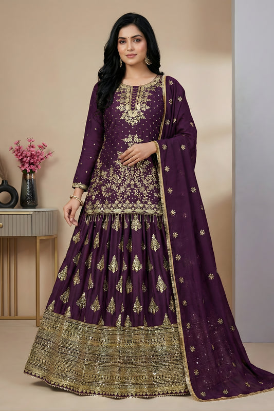 Wonderful Wine Chinon Silk Embroidered Wedding Lehenga Choli with Dupatta