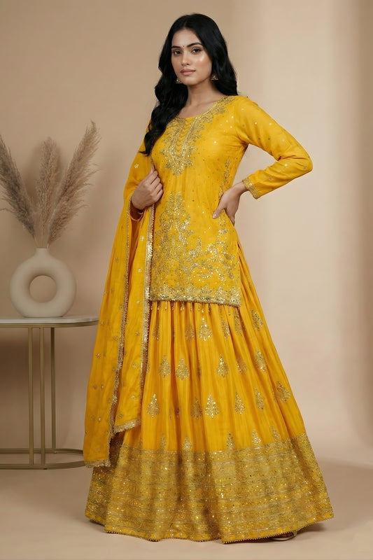 Fantastic Yellow Chinon Silk Embroidered Wedding Lehenga Choli with Dupatta