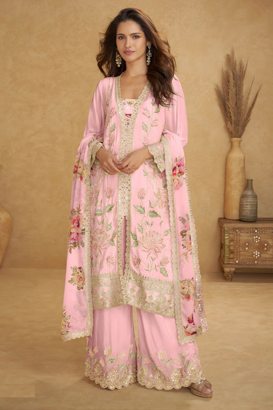 Awesome Pink Floral Embroidered Chinon Wedding Wear Palazzo Suit with Dupatta