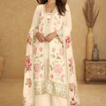 Stylish Cream Floral Embroidered Chinon Wedding Wear Palazzo Suit with Dupatta