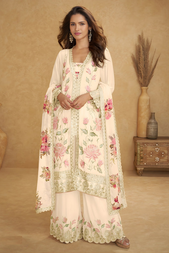 Stylish Cream Floral Embroidered Chinon Wedding Wear Palazzo Suit with Dupatta
