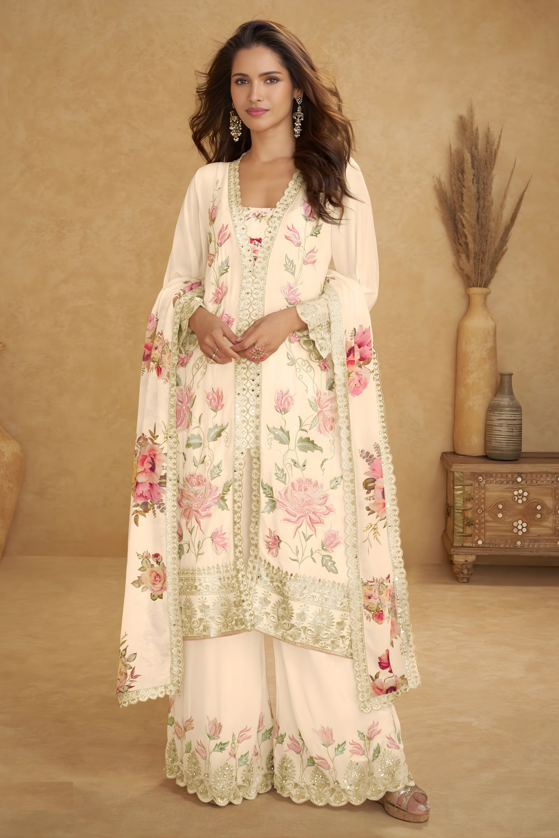 Stylish Cream Floral Embroidered Chinon Wedding Wear Palazzo Suit with Dupatta