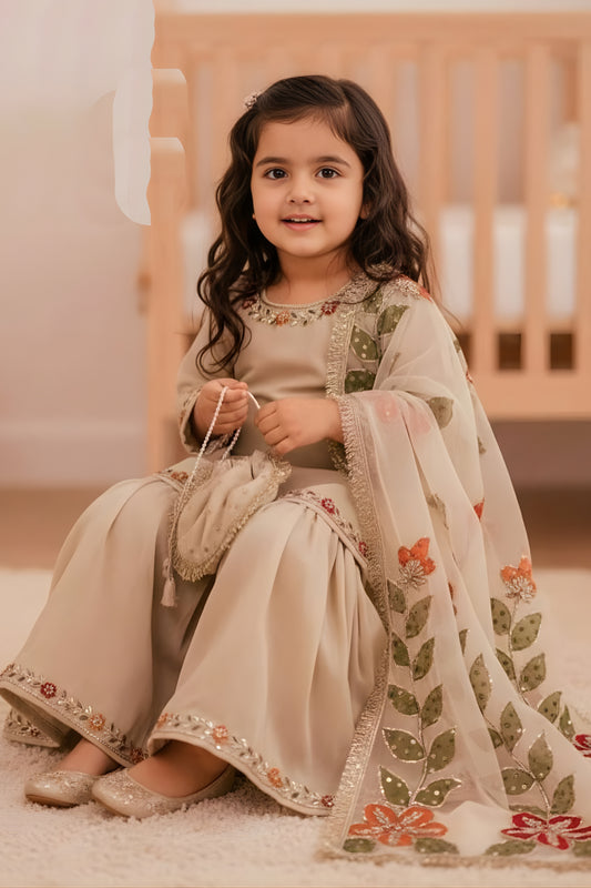 Elegant Beige Floral Embroidered Pure Gmy Silk Girls Palazzo Suit with Dupatta