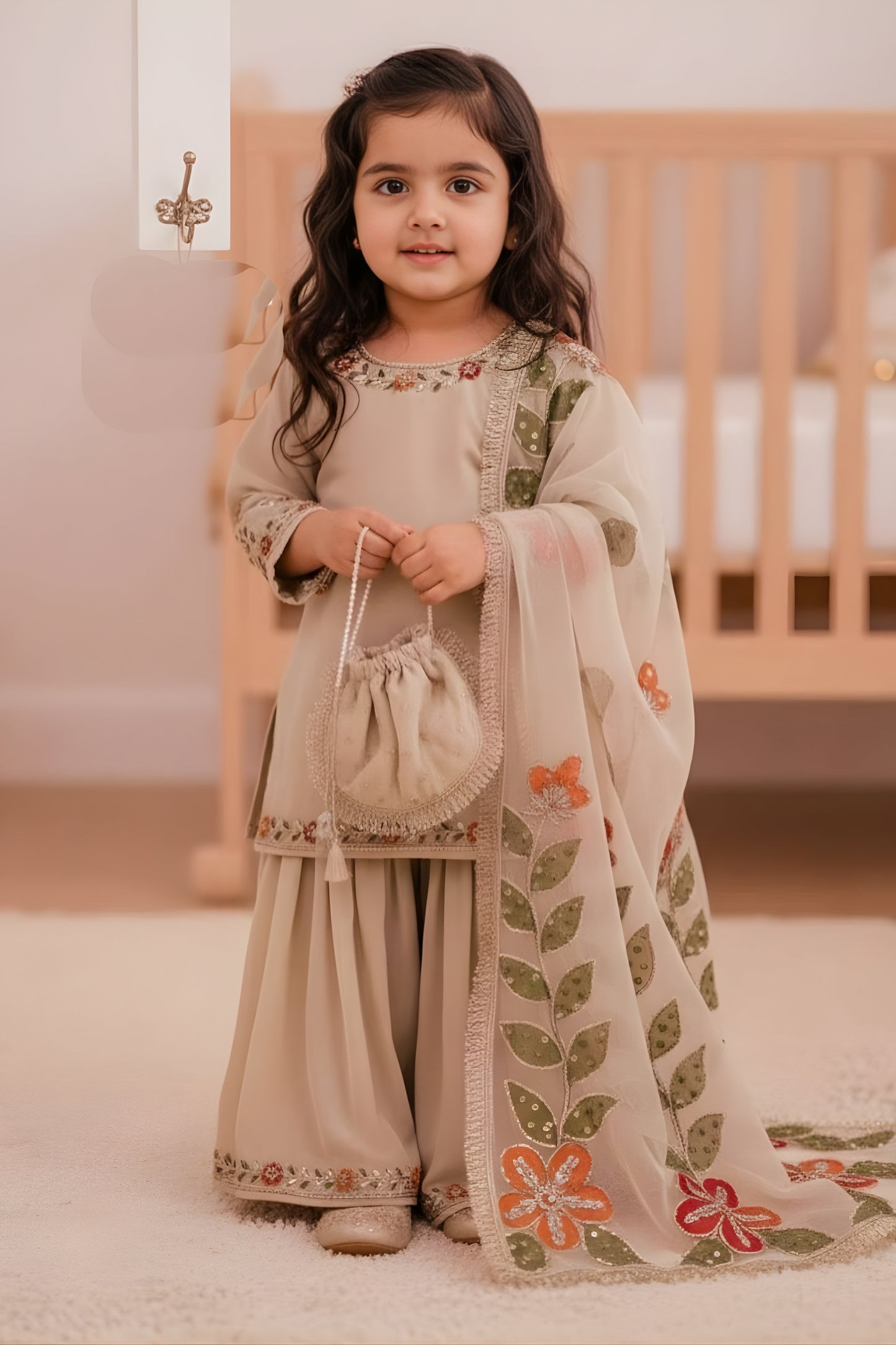 Elegant Beige Floral Embroidered Pure Gmy Silk Girls Palazzo Suit with Dupatta