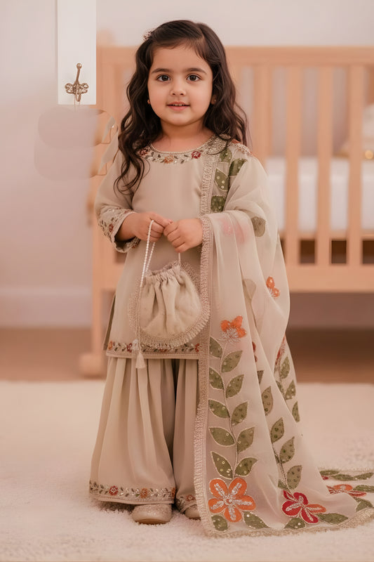 Elegant Beige Floral Embroidered Pure Gmy Silk Girls Palazzo Suit with Dupatta