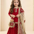 Royal Red Floral Embroidered Fendy Silk Girls Palazzo Suit with Dupatta