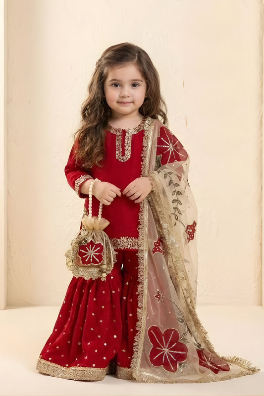 Royal Red Floral Embroidered Fendy Silk Girls Palazzo Suit with Dupatta