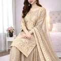 Charming Beige Heavy Embroidered GMY Silk Palazzo Suit with Dupatta for Wedding