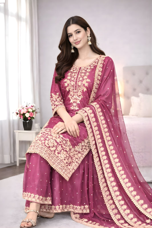 Beautiful Pink Heavy Embroidered GMY Silk Palazzo Suit with Dupatta for Wedding