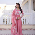 Lovely Pink Floral Embroidered Fendy Satin Silk Gown with Dupatta for Women