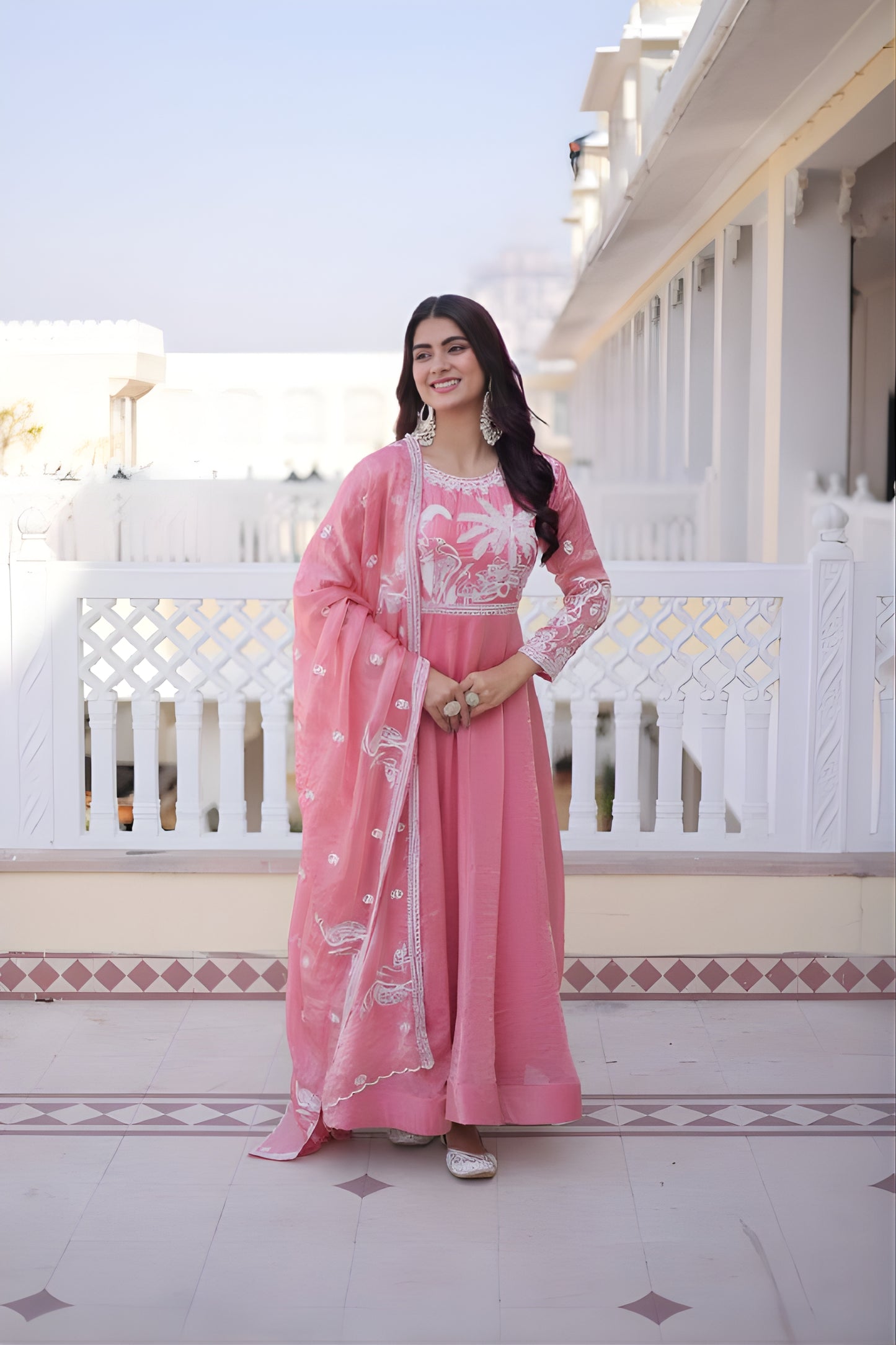 Lovely Pink Floral Embroidered Fendy Satin Silk Gown with Dupatta for Women