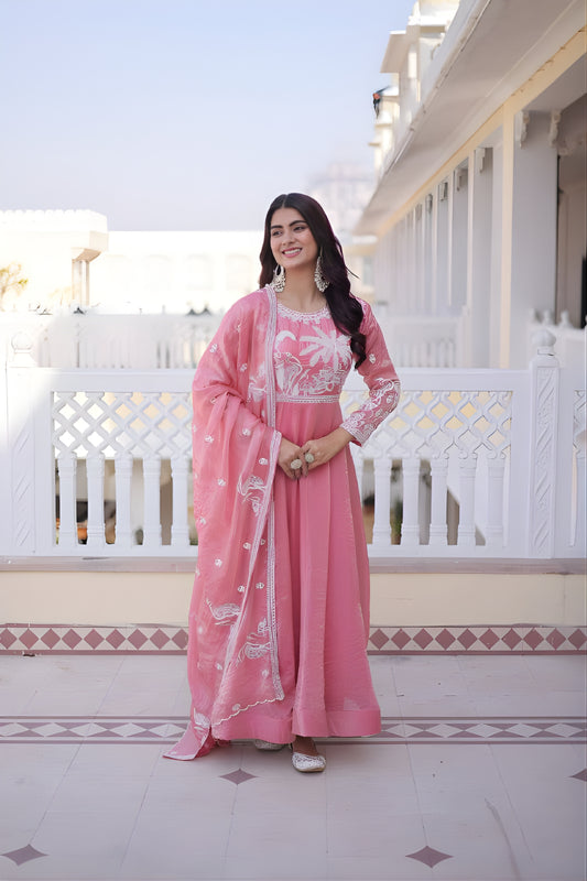 Lovely Pink Floral Embroidered Fendy Satin Silk Gown with Dupatta for Women