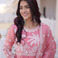 Lovely Pink Floral Embroidered Fendy Satin Silk Gown with Dupatta for Women