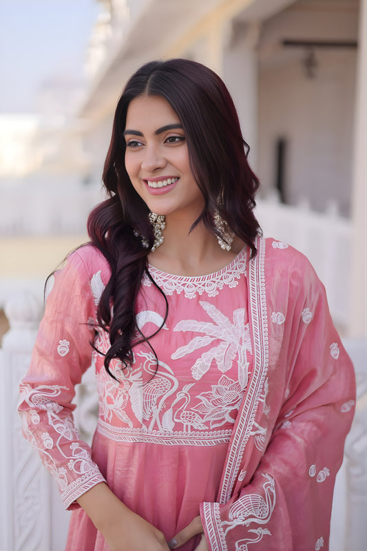 Lovely Pink Floral Embroidered Fendy Satin Silk Gown with Dupatta for Women