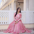 Lovely Pink Floral Embroidered Fendy Satin Silk Gown with Dupatta for Women