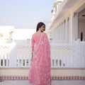 Lovely Pink Floral Embroidered Fendy Satin Silk Gown with Dupatta for Women