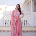 Lovely Pink Floral Embroidered Fendy Satin Silk Gown with Dupatta for Women