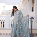 Stylish Sky Blue Floral Embroidered Fendy Satin Silk Gown with Dupatta for Women