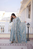 Stylish Sky Blue Floral Embroidered Fendy Satin Silk Gown with Dupatta for Women
