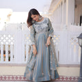 Stylish Sky Blue Floral Embroidered Fendy Satin Silk Gown with Dupatta for Women