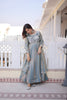 Stylish Sky Blue Floral Embroidered Fendy Satin Silk Gown with Dupatta for Women