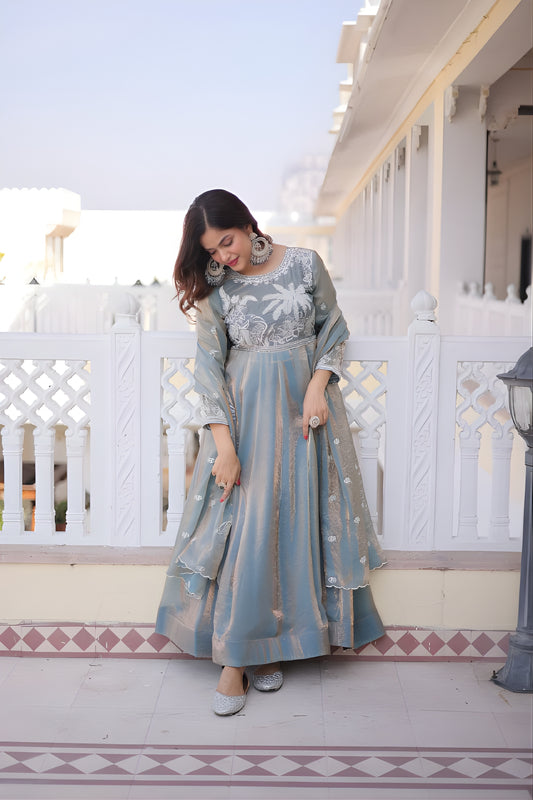 Stylish Sky Blue Floral Embroidered Fendy Satin Silk Gown with Dupatta for Women