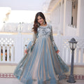 Stylish Sky Blue Floral Embroidered Fendy Satin Silk Gown with Dupatta for Women