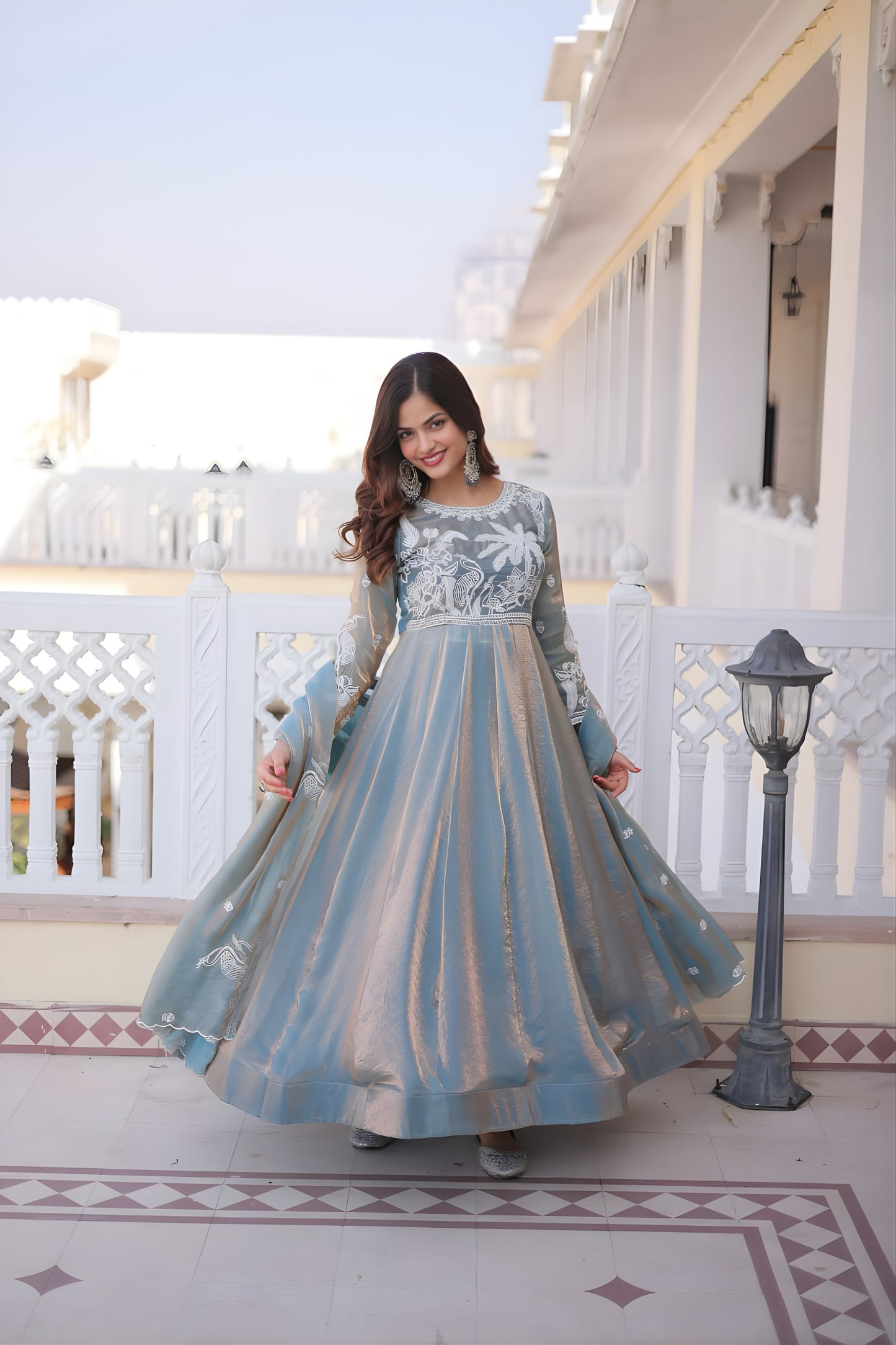 Stylish Sky Blue Floral Embroidered Fendy Satin Silk Gown with Dupatta for Women
