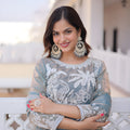 Stylish Sky Blue Floral Embroidered Fendy Satin Silk Gown with Dupatta for Women