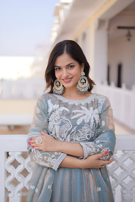 Stylish Sky Blue Floral Embroidered Fendy Satin Silk Gown with Dupatta for Women