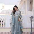 Stylish Sky Blue Floral Embroidered Fendy Satin Silk Gown with Dupatta for Women