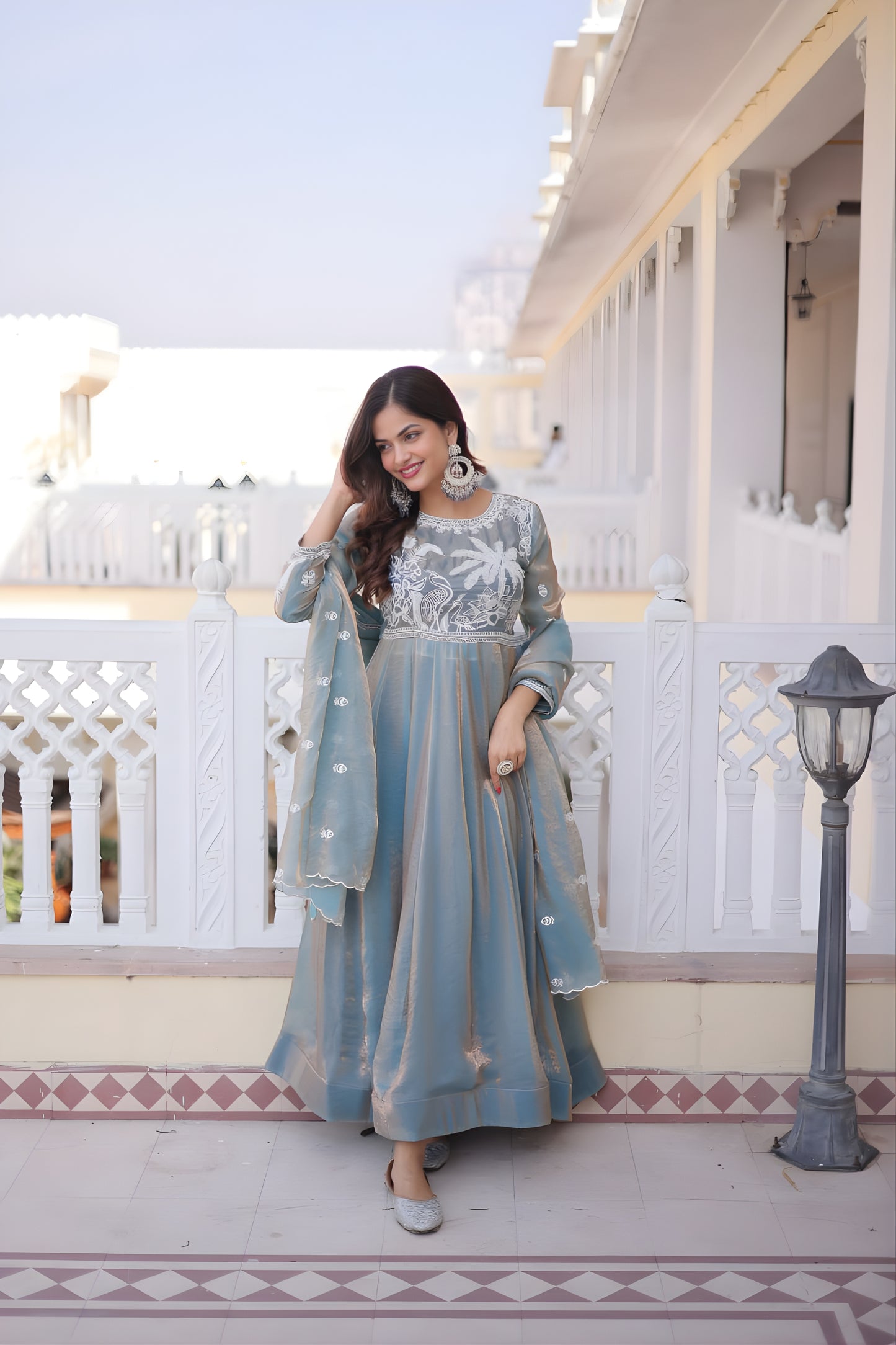 Stylish Sky Blue Floral Embroidered Fendy Satin Silk Gown with Dupatta –  Mangaldeep NX