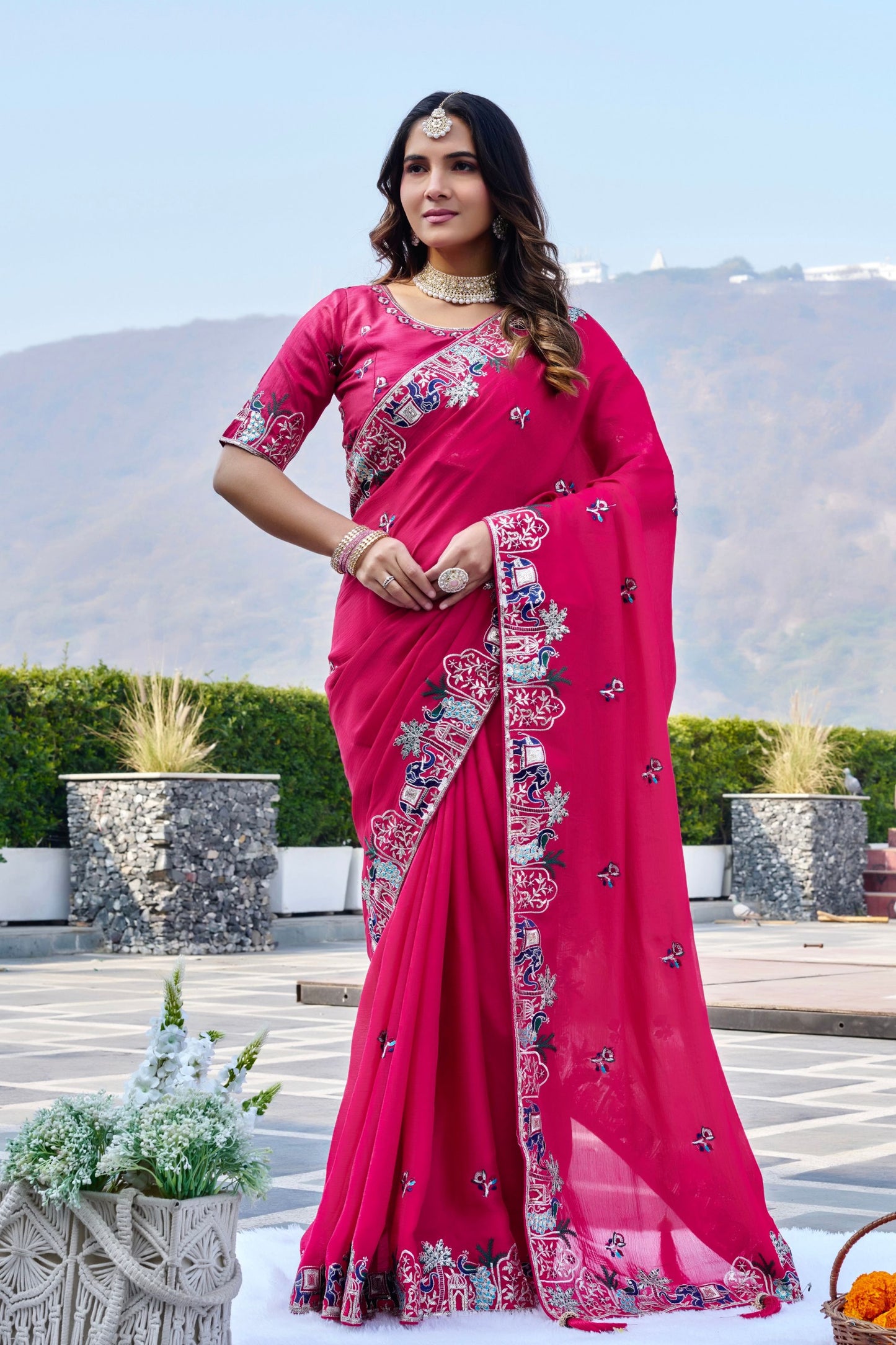 Hot Pink Georgette Saree Elephant Embroidery Border Blouse