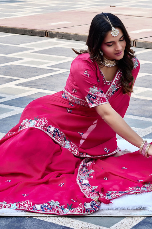 Hot Pink Georgette Saree Elephant Embroidery Border Blouse